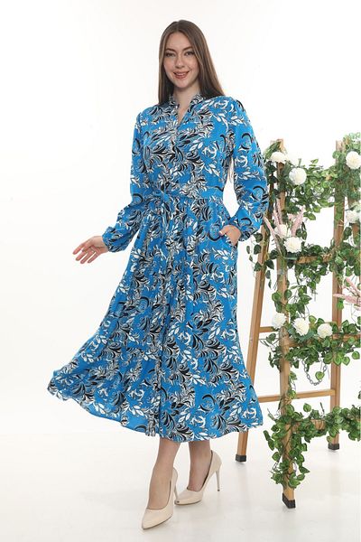 etselements Rochie cu decolteu în V, cu curea, cu buzunare cu nasturi, cu model 409 Albastru