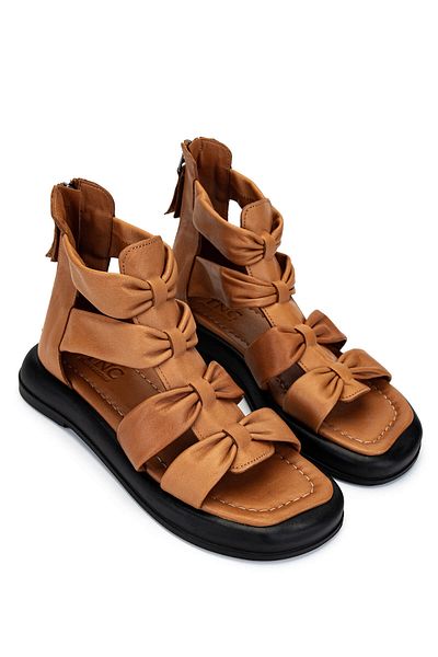 Tamer Tanca Women's Genuine Leather Tan Flat Sandals
