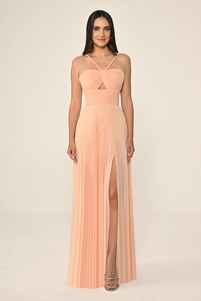 ALFABETA Mesh Strap Pleated Chiffon Long Evening Dress Alfa Beta