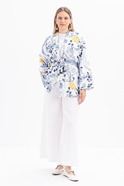 ALLDAY Kimono alb-albastru cu model și curea