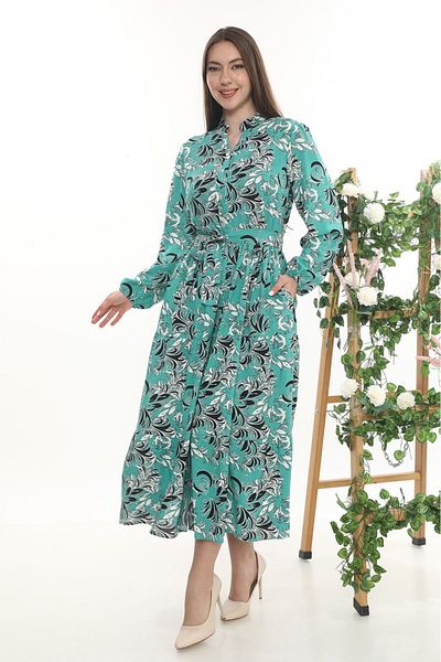 etselements V-Neck Belted Button Pocket Patterned Dress 409 Green