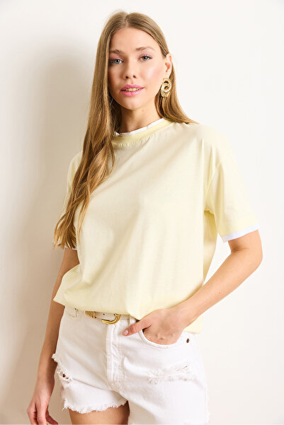 Olalook Γυναικείο μπλουζάκι με κίτρινο γιακά με λεπτομέρεια από βαμβάκι TSH-19000929