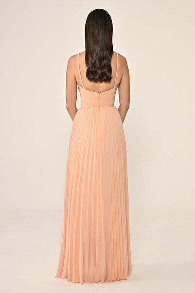 ALFABETA Mesh Strap Pleated Chiffon Long Evening Dress Alfa Beta