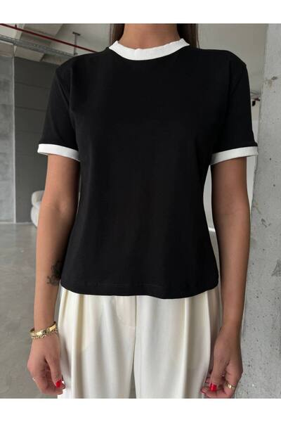 Ecenin Favorileri Contrast Ribbed 100% Cotton T-Shirt