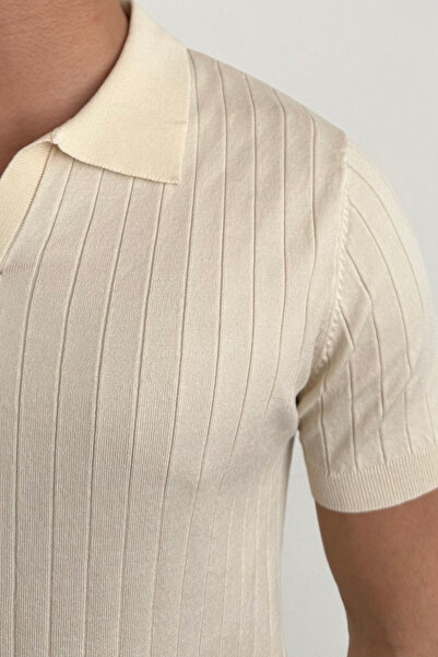 Tarz Cool Men's Matte Beige Slim Fit Ribbed Polo Neck Knitwear T-Shirt