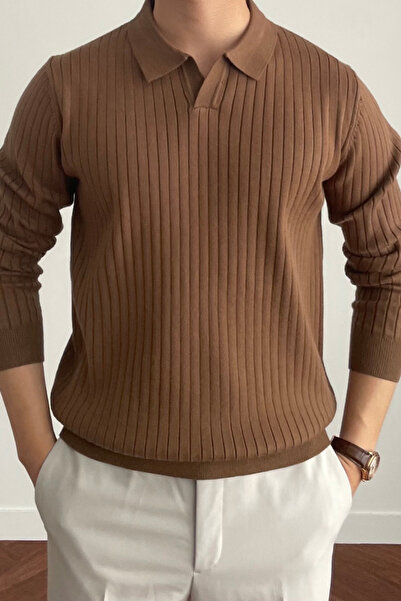 Tarz Cool Мъжки кафяв пуловер с дълъг ръкав и поло яка, с прилепнала кройка