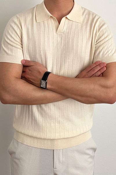 Tarz Cool Ανδρικό μπλουζάκι μπεζ Slim Fit με γιακά πόλο πλεκτό