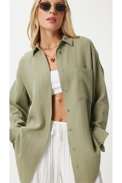 THIFF GYMWEAR Cămașă de muselină de bază oversize pentru femei, cu buzunare