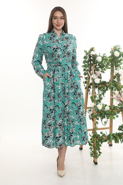 etselements V-Neck Belted Button Pocket Patterned Dress 409 Green