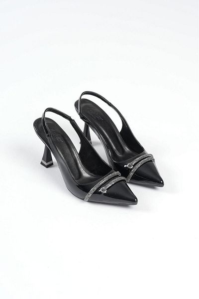 Griffa Women's Black Patent Leather Stone Open Back Daily Comfortable Evening Dress Stiletto Heeled Shoes