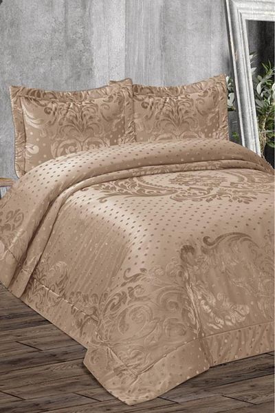 Çeyiz Diyarı Bride Filled Velvet Double Bedspread Beige