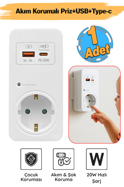 Badem10 Akım Şok Korumalı Tekli Priz USB TYPE-C Çoçuk Korumalı Fiş Telefon Hı...