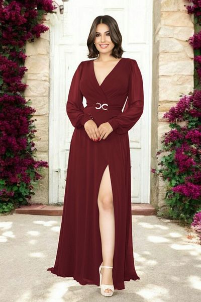 FaBe Fashion Croissant Collar Long Sleeve Waist Buckle Slit Chiffon NIKAH AND OUTShoot Evening Dress