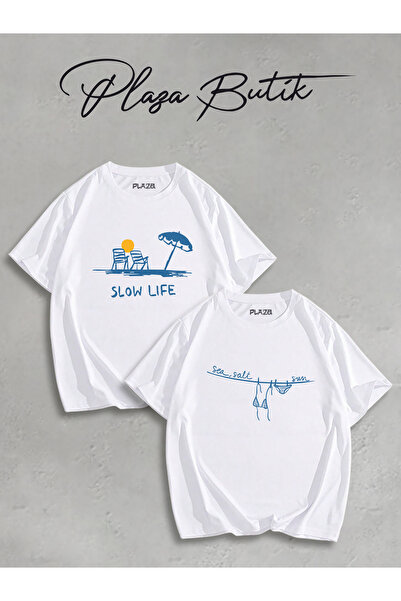 Plaza Butik Tricou oversize cu imprimeu Summer Vibe pentru femei, pachet de 2