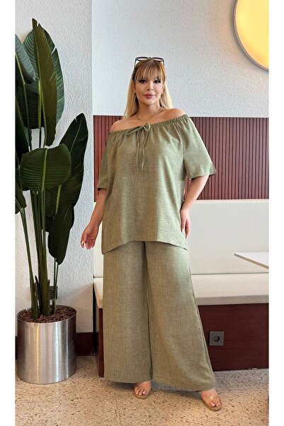 Butik Nilyam Women's Plus Size Sofia Linen Rubber Neckline Blouse Waist Elastic Pocket Loose Bottom Tracksuit Set 24782