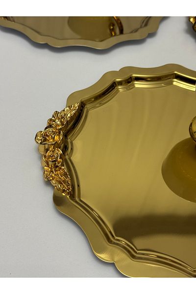 SEVA ÇELİK 6 قطع صينية تقديم وعرض ذهبية دائرية مموجة بمقابض ذهبية مقاس 20*25 سم