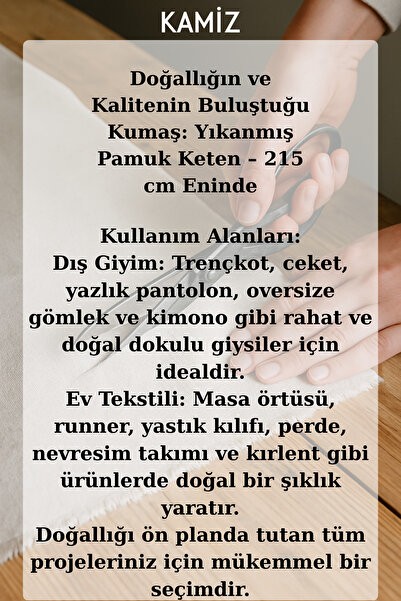 KAMİZ 10 μέτρα Φυσικό Πλυμένο Βαμβακερό Λινό Ύφασμα Πλάτος 215 εκ. Ύφασμα για Υφάσματα & Ρούχα Σπιτιού