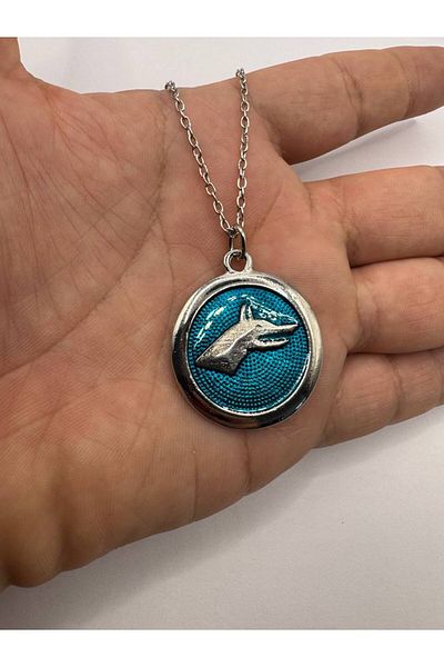 Herşey Nota Round White Wolf Logo Necklace with Blue Background – Silver Color Unisex Metal Jewelry