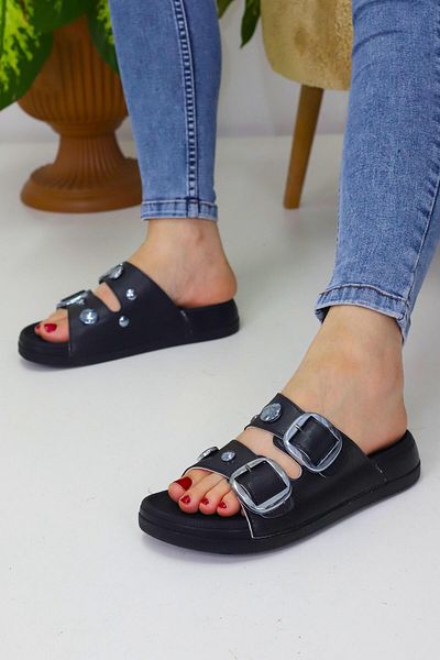 OBAY LİFE Black Women's 2-Striped Stone Daily Slippers Nbr2030
