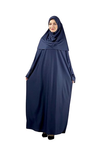 Modish Group Elegant Prayer Dress and Turban Prayer Beads Set Hijab Shawl Muslim Clothes Abaya - Navy Blue