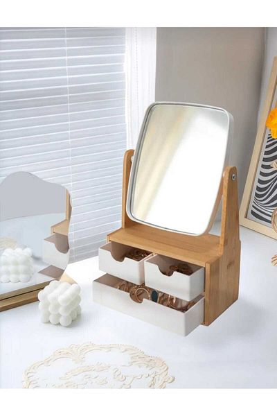 evinizin vitrini Wooden Makeup Jewelry Organizer with Mirror and Multi-Compartment Drawer