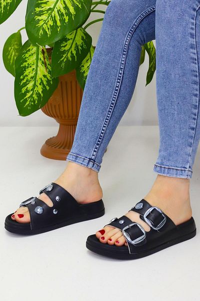 OBAY LİFE Black Women's 2-Striped Stone Daily Slippers Nbr2030