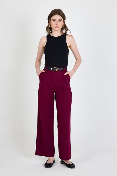 Rays Burgundy Pleat Detailed Palazzo Trousers 4003A