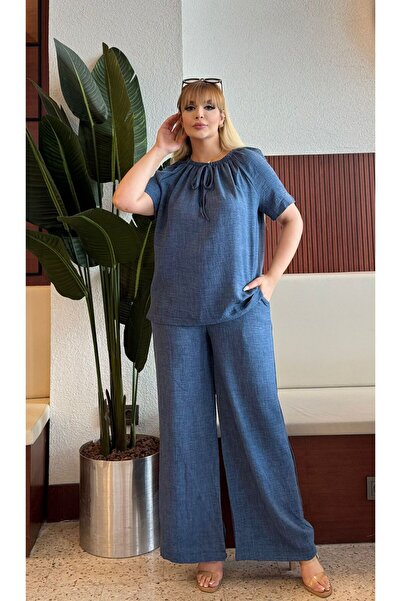 Butik Nilyam Дамски комплект анцуг, големи размери Sofia, ленена блуза с еластична яка и талия, еластичен джоб, широка долна част, 24782