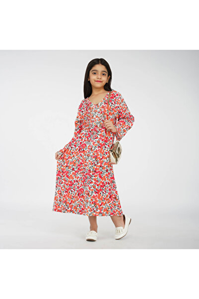 LINELLE Dot Leaf Print Kids Jalabiya – White and Orange Maxi with V-Neck and ...
