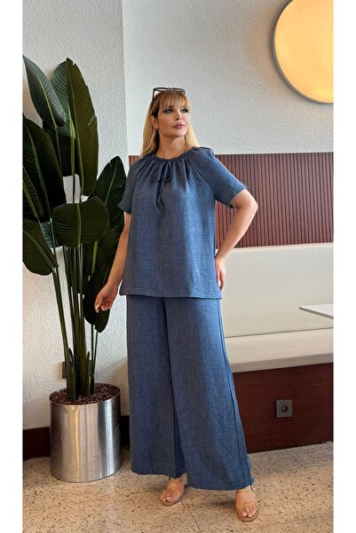 Butik Nilyam Дамски комплект анцуг, големи размери Sofia, ленена блуза с еластична яка и талия, еластичен джоб, широка долна част, 24782
