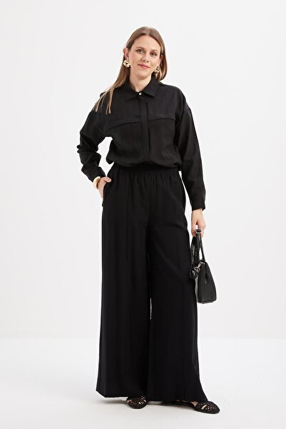 ALLDAY Μαύρο παντελόνι με ελαστική μέση με φαρδύ πόδι