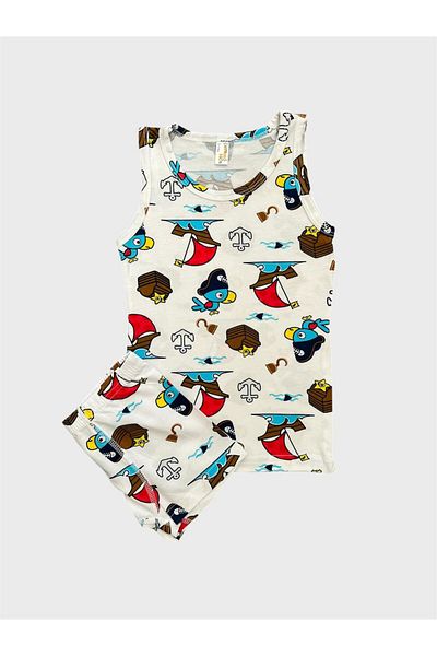 elmas kids Boy's Cotton White Sail Patterned Tank Top Boxer Set