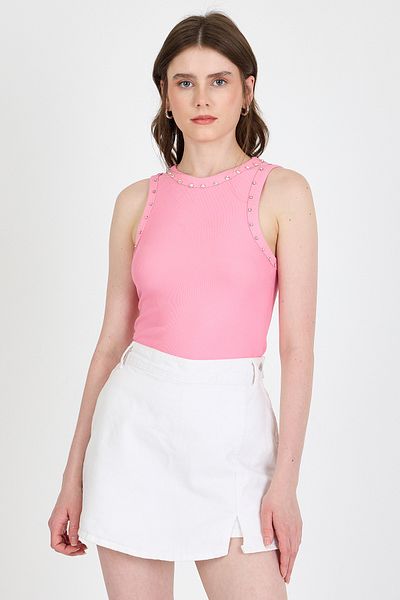 Rays Pink Collar and Shoulder Stone Detailed Ribbed Knitted Athlete 1249