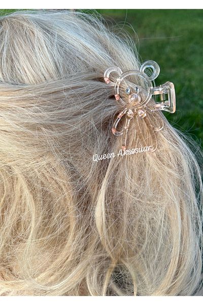 QUEEN AKSESUAR Cute Transparent Bone Crystal Stone Teddy Bear Clothespin Buckle Bear Clip Powder Beige Color
