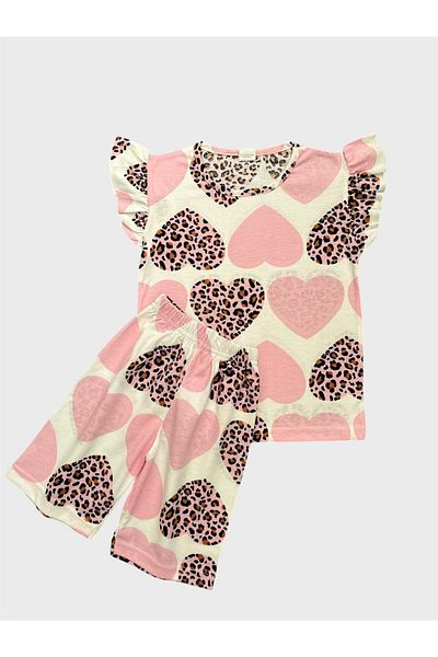ALİŞ KİDS Girls' Cotton Pink Heart Leopard Print Short Sleeve Shorts Summer Pajama Set