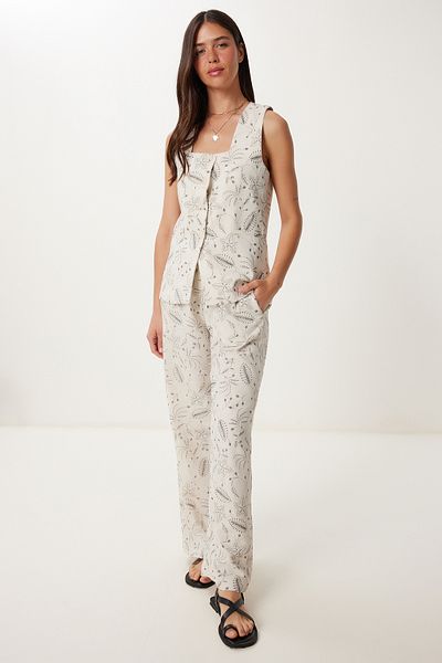 Lovelyİstanbul Patterned Linen Vest Trousers Set Stone Lrv0111