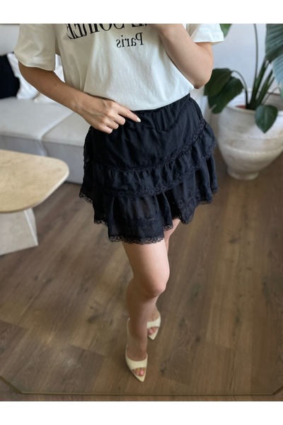 Özgece KATLI DANTELLİ KETEN MİNİ ETEK