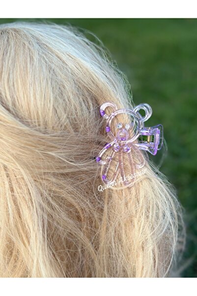 QUEEN AKSESUAR Drăguț ursuleț de pluș cu ochi de piatră de cristal transparent, cu închidere cu agrafă, culoare violet liliac