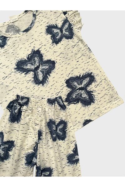 ALİŞ KİDS Set de pijamale de vară pentru fete, bumbac, alb, bleumarin, cu model de fluture, pantaloni scurți cu mâneci scurte