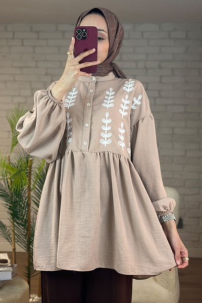 Salih Çelebi 2036 Front Floral Embroidered Tunic - Beige