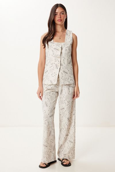 Lovelyİstanbul Patterned Linen Vest Trousers Set Stone Lrv0111