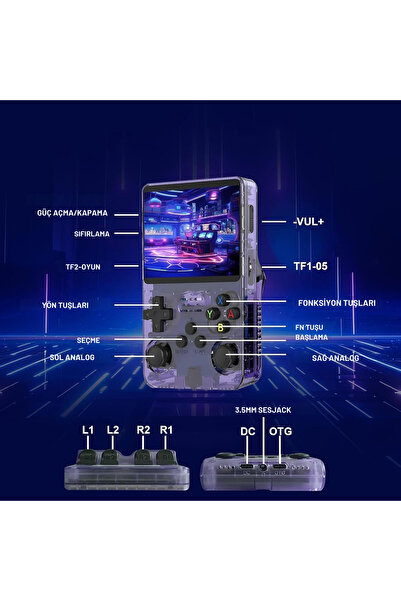 KETENOFFİCİAL R36S Retro Oyun Konsolu 15.000+ Konsol Oyunu Yeni Nesil El Atarisi 64 Gb Hd Ekran Mor