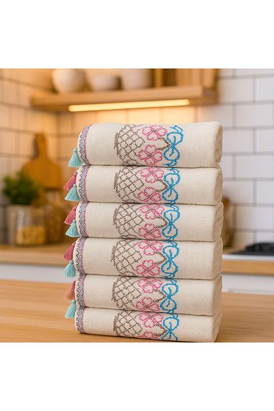 AYHANHOME Embroidered Velvet Tasseled 6-Piece 30X50 Kitchen Towel Set
