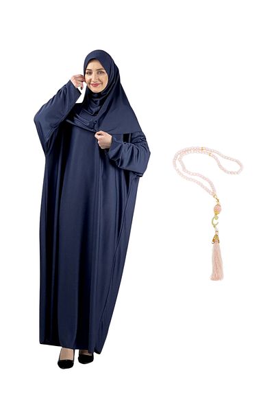 Modish Group Elegant Prayer Dress and Turban Prayer Beads Set Hijab Shawl Muslim Clothes Abaya - Navy Blue