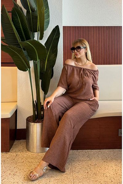 Butik Nilyam Women's Plus Size Sofia Linen Rubber Neckline Blouse Waist Elastic Pocket Loose Bottom Tracksuit Set 24782