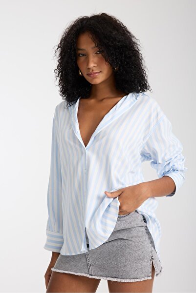 Store %100 Pamuk Çizgili Gömlek - Rahat Bol Kesim Uzun Kollu Yazlık Şık