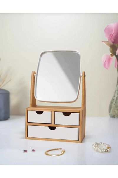 evinizin vitrini Wooden Makeup Jewelry Organizer with Mirror and Multi-Compartment Drawer