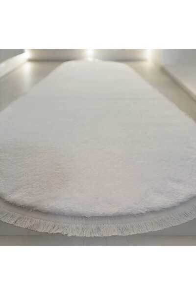 Genel Markalar Puffy Oval Beyaz Düz Saçaklı Peluş Yumuşacık Yıkanabilir Kayma...