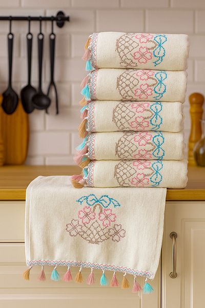 AYHANHOME Embroidered Velvet Tasseled 6-Piece 30X50 Kitchen Towel Set