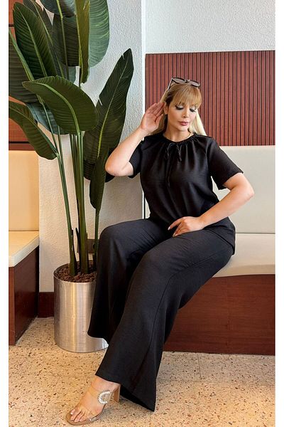 Butik Nilyam Women's Plus Size Sofia Linen Rubber Neckline Blouse Waist Elastic Pocket Loose Bottom Tracksuit Set 24782